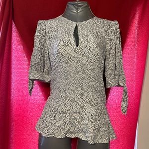 Tie-Sleeve Keyhole Polka Dot Peplum Blouse